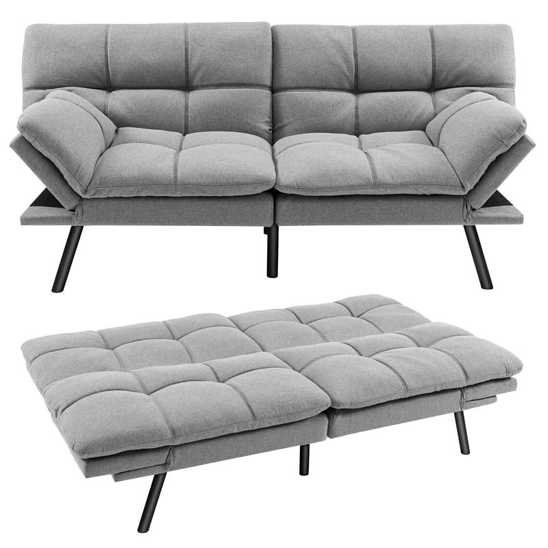 Modern Futon Sofa Bed, Linen Fabric Memory Foam Convertible Futon Couch with Adjustable Backrest & Armrests, Metal Legs