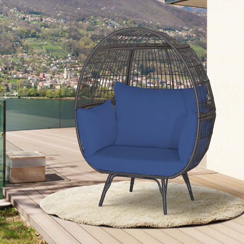 Oversized Wicker Egg Chair with 4 Cushions, Steel Frame Basket Chair Rattan Indoor Outdoor Lounger for Patio, Living Room