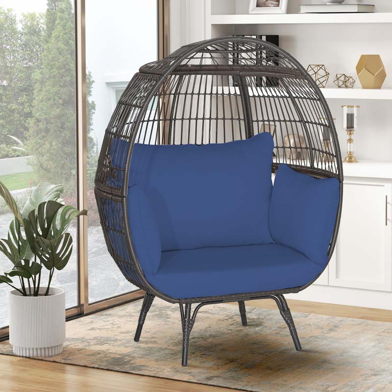 Oversized Wicker Egg Chair with 4 Cushions, Steel Frame Basket Chair Rattan Indoor Outdoor Lounger for Patio, Living Room