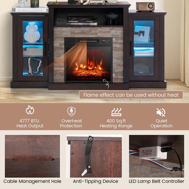Electric Fireplace TV Stand with LED Lights for 65" TVs, Entertainment Center w/ 18" Heater Insert, APP & Remote Control, Adjustable Shelf