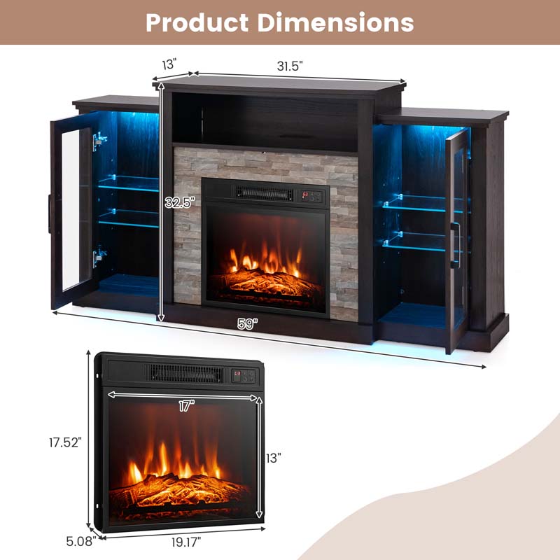 Electric Fireplace TV Stand with LED Lights for 65" TVs, Entertainment Center w/ 18" Heater Insert, APP & Remote Control, Adjustable Shelf