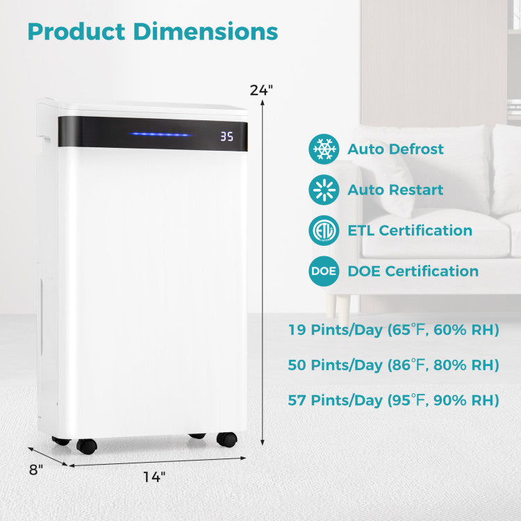 57 Pint Dehumidifier for Home and Basement, 4500 Sq. Ft Portable Dehumidifier with Auto & Manual Drainage, Intelligent Touch Control