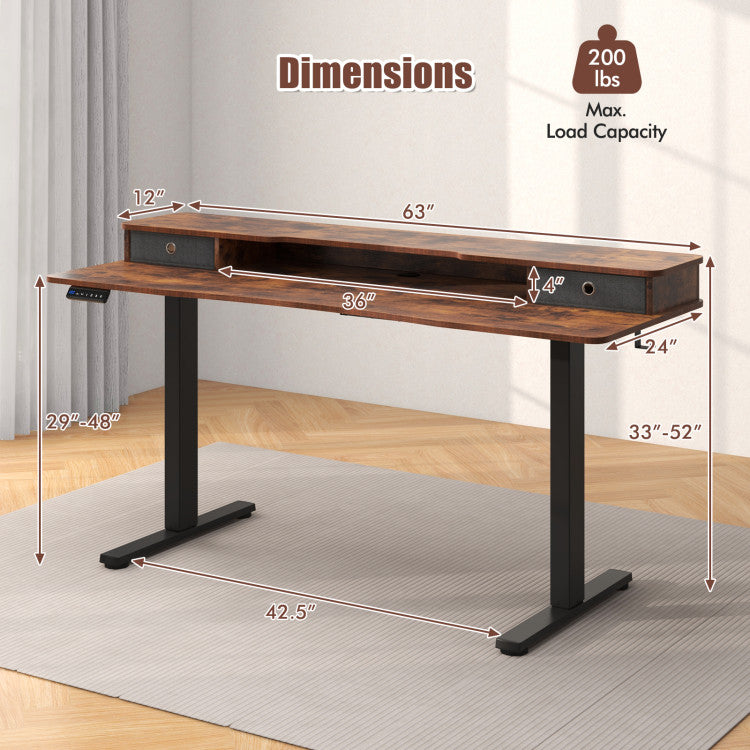 Electric Standing Desk with 2 Drawers, 3 Memory Positions, 63" x 24" Height Adjustable Electric Sit Stand Desk for Home Office Bedroom