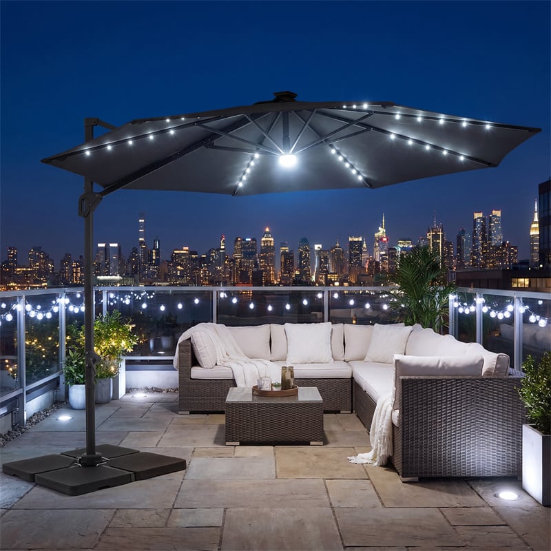 10FT Cantilever Patio Umbrella w/ 36 Solar LED Lights, 360° Rotation Offset Hanging Umbrella, Easy Tilt, 8 Sturdy Ribs, Sun Shade for Yard Pool