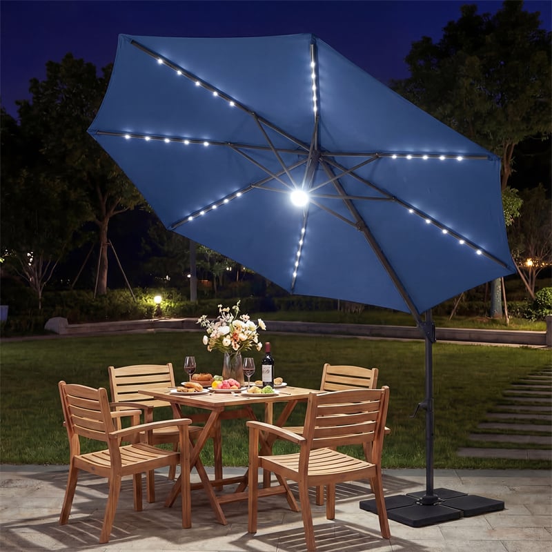 10FT Cantilever Patio Umbrella w/ 36 Solar LED Lights, 360° Rotation Offset Hanging Umbrella, Easy Tilt, 8 Sturdy Ribs, Sun Shade for Yard Pool