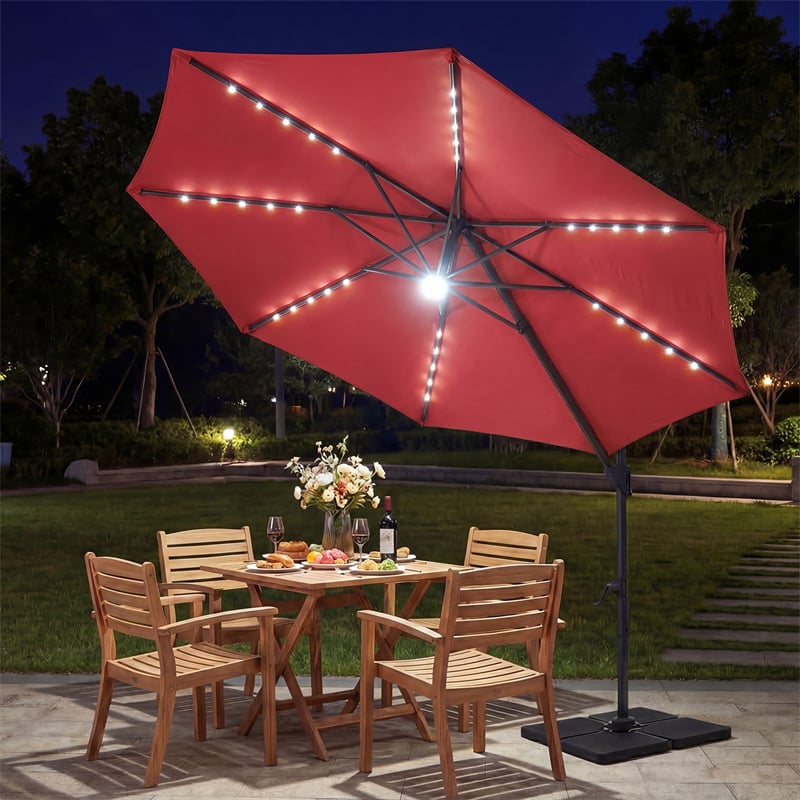 10FT Cantilever Patio Umbrella w/ 36 Solar LED Lights, 360° Rotation Offset Hanging Umbrella, Easy Tilt, 8 Sturdy Ribs, Sun Shade for Yard Pool