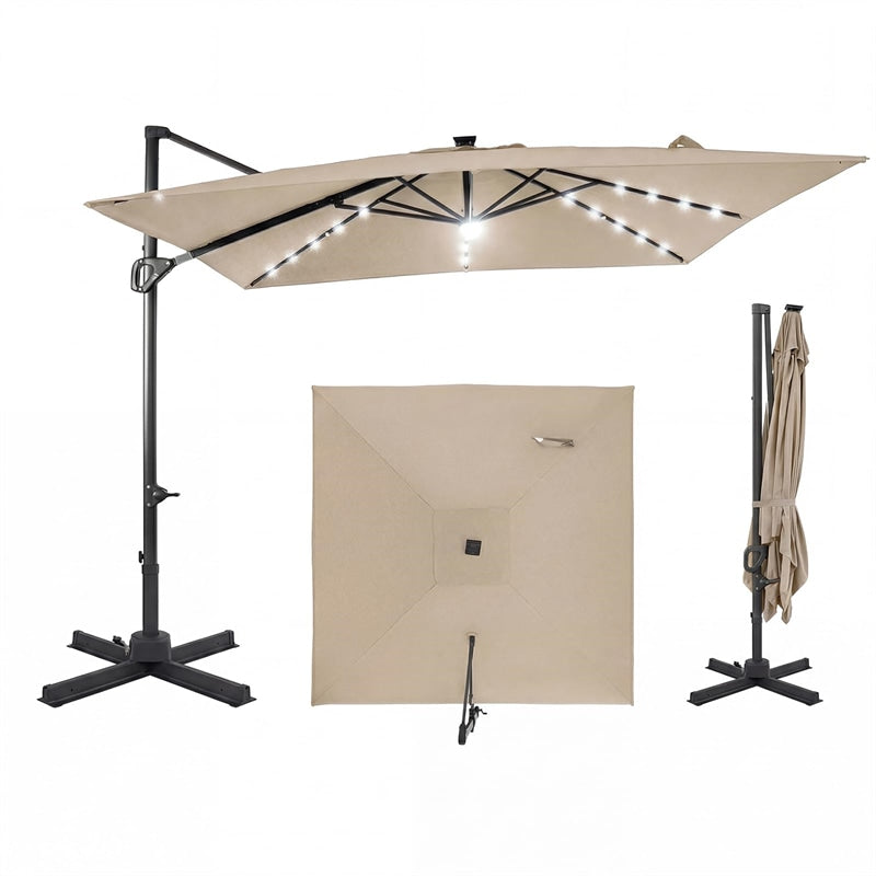 10 FT Cantilever Patio Umbrella with 32 Solar LED Lights, 360° Rotation & Easy Tilt, Square Outdoor Offset Hanging Umbrella with Cross Base