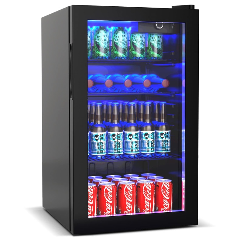 120 Can Beverage Refrigerator Cooler, 3.2 Cu.Ft Built-In & Freestanding Beer Wine Soda Drink Mini Fridge w/ Glass Door, LED Light, Adjustable Shelves