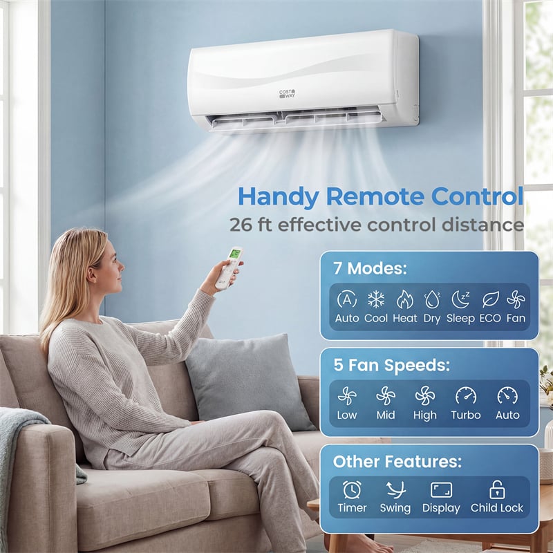 12000 BTU Mini Split Air Conditioner & Heater, Inverter Ductless AC Heat Pump System, Full Installation Kit, Cools up to 750 Sq Ft