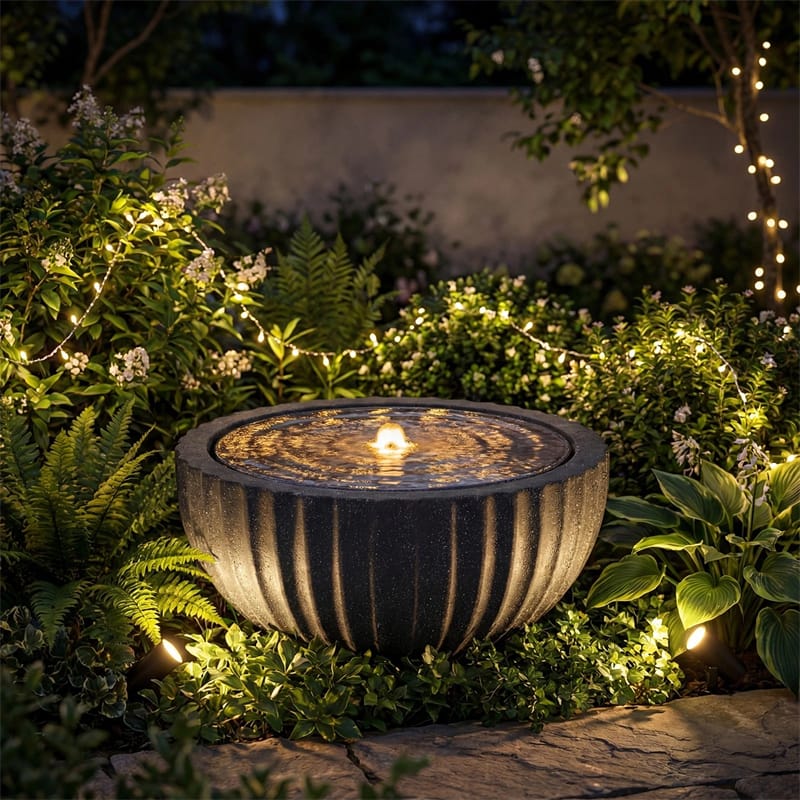18" Round Outdoor Sphere Water Fountain with 6 LED Lights & Adjustable Pump, Stone Gray Resin Bubbling Fountain for Garden Patio Porch Decor