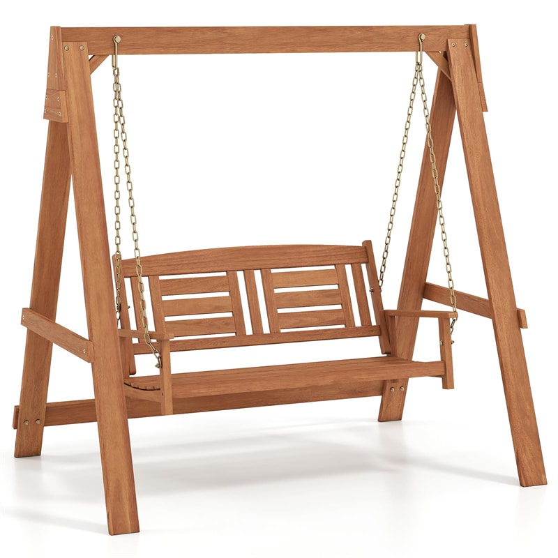2-Seater Wood Porch Swing with Stand, Outdoor Swing Loveseat Chair w/ Adjustable Chains, Built-in Backrest & Armrests for Garden, Backyard, Poolside