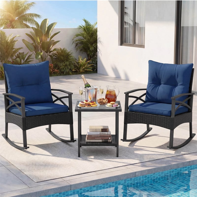 3 Piece Rattan Patio Rocking Bistro Set, Outdoor Wicker Rockers with Cushions & 2-Tier Tempered Glass Coffee Table for Porch, Balcony, Backyard