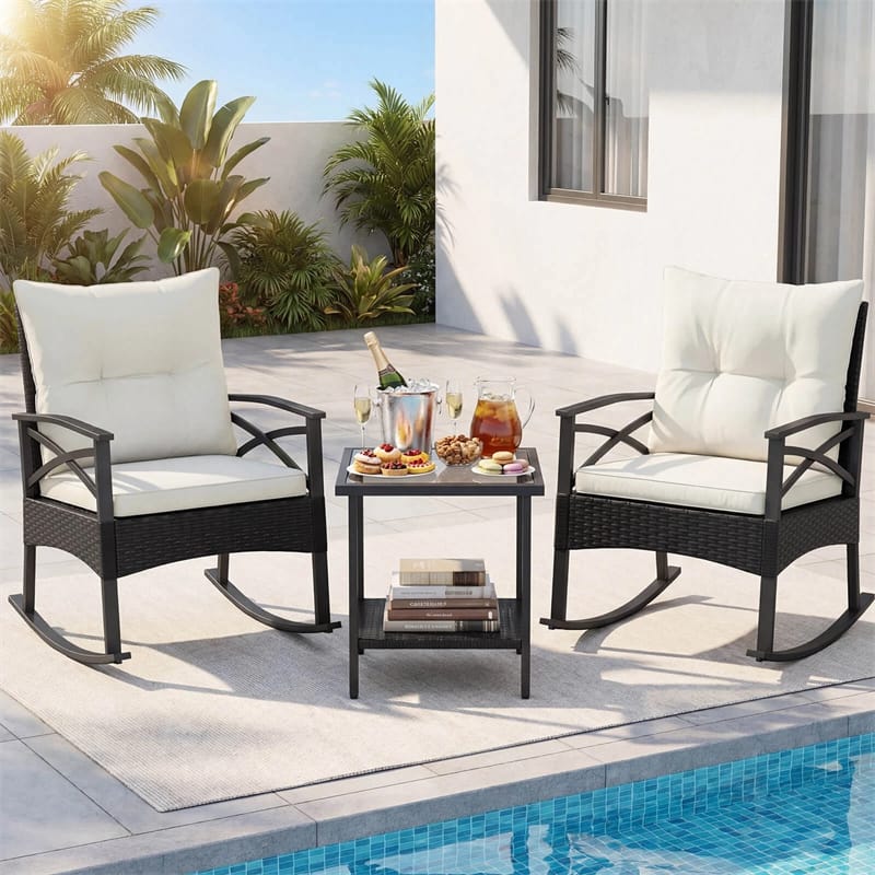 3 Piece Rattan Patio Rocking Bistro Set, Outdoor Wicker Rockers with Cushions & 2-Tier Tempered Glass Coffee Table for Porch, Balcony, Backyard