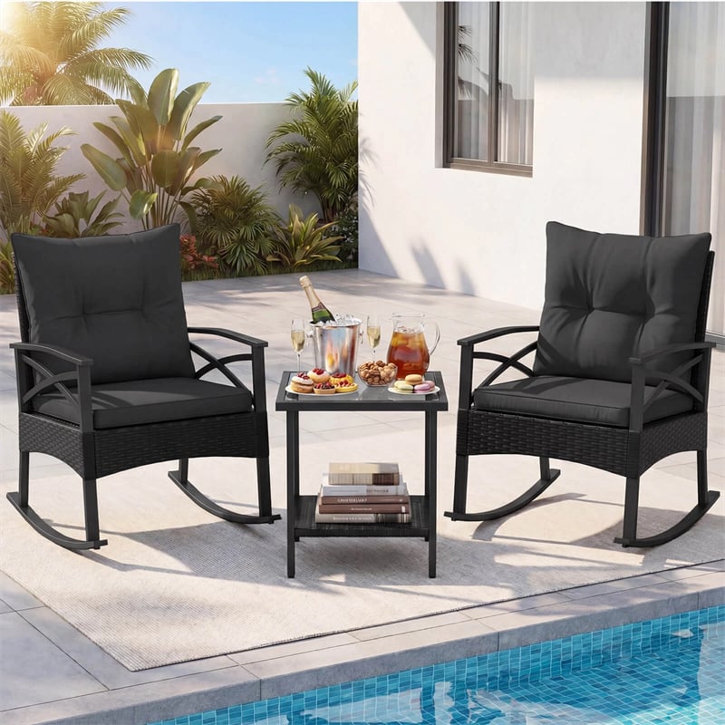 3 Piece Rattan Patio Rocking Bistro Set, Outdoor Wicker Rockers with Cushions & 2-Tier Tempered Glass Coffee Table for Porch, Balcony, Backyard
