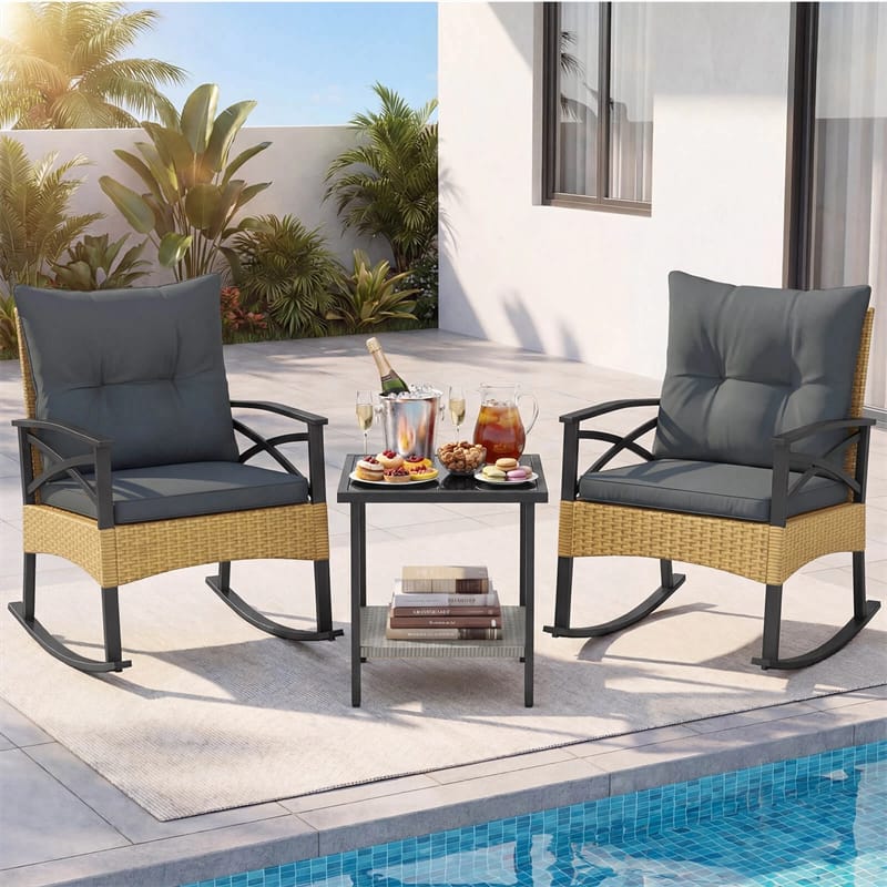 3 Piece Rattan Patio Rocking Bistro Set, Outdoor Wicker Rockers with Cushions & 2-Tier Tempered Glass Coffee Table for Porch, Balcony, Backyard