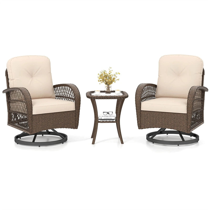 3 Piece Patio Wicker Swivel Rocker Chair Set, Outdoor Rattan Glider Bistro Furniture Set with 2-Tier Tempered Glass Side Table & Cushions