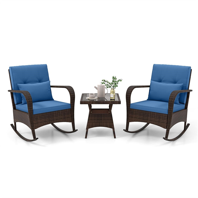 3-Piece Outdoor Wicker Rocking Chair Set, Rattan Bistro Rocker Furniture with Cushions & Pillows, Tempered Glass Coffee Table for Porch Balcony