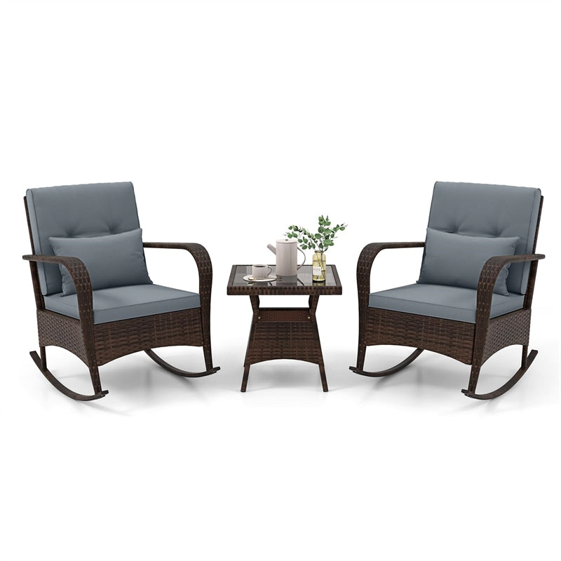 3-Piece Outdoor Wicker Rocking Chair Set, Rattan Bistro Rocker Furniture with Cushions & Pillows, Tempered Glass Coffee Table for Porch Balcony