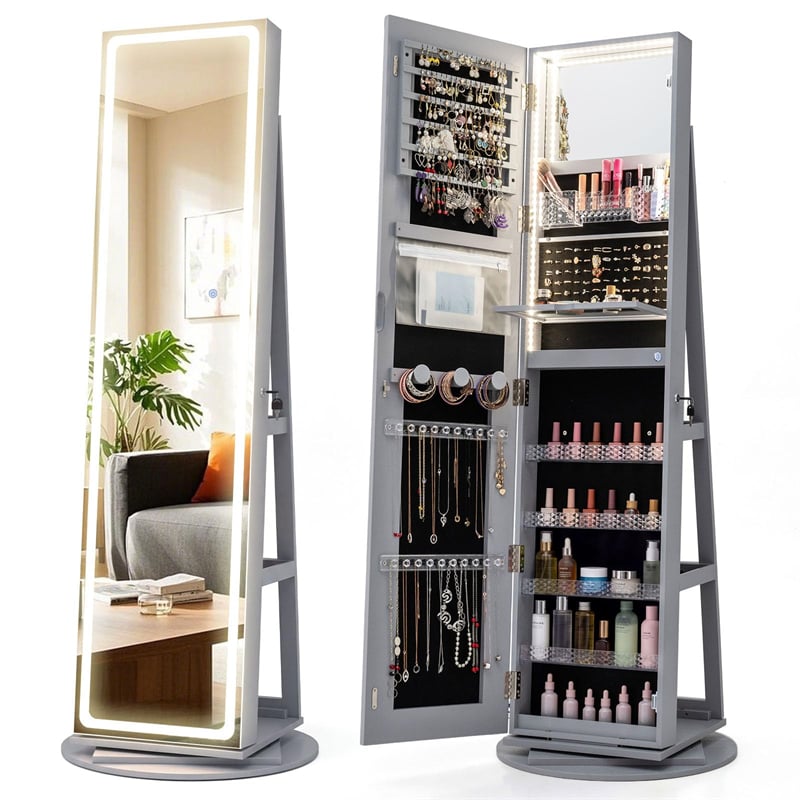 360° Swivel Jewelry Cabinet Armoire w/ Full Length Mirror 3-Color LED Lights & Rear Shelves, Lockable Standing Jewelry Storage Organizer