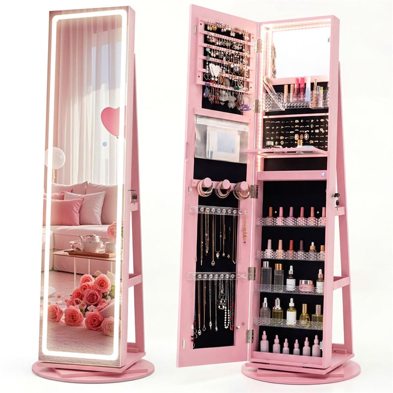 360° Swivel Jewelry Cabinet Armoire w/ Full Length Mirror 3-Color LED Lights & Rear Shelves, Lockable Standing Jewelry Storage Organizer