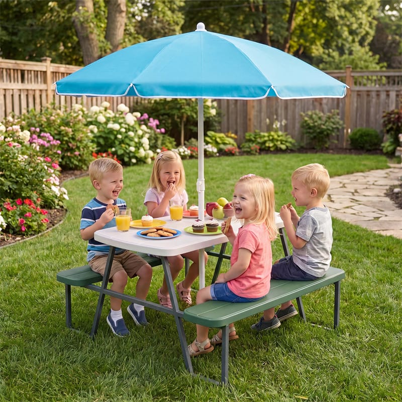 4 Person Kids Picnic Table Bench Set with Removable Umbrella, HDPE Tabletop & Metal Frame, Toddler Outdoor Furniture for Patio Backyard Garden