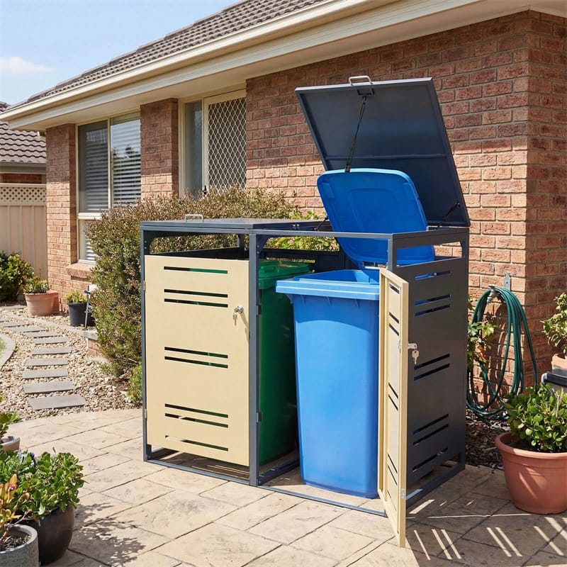 44 Cu.Ft Outdoor Metal Trash Can Storage Shed for 2 Bins, Double Garbage Can Enclosure with Gas Strut, Shock Absorber & Lockable Doors