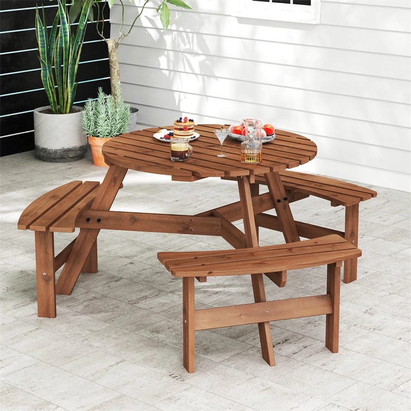6-Person Round Wood Picnic Table Set with 3 Built-in Benches & 2" Umbrella Hole, Holds 1850 LBS, Outdoor Dining Table & Bench for Patio Garden