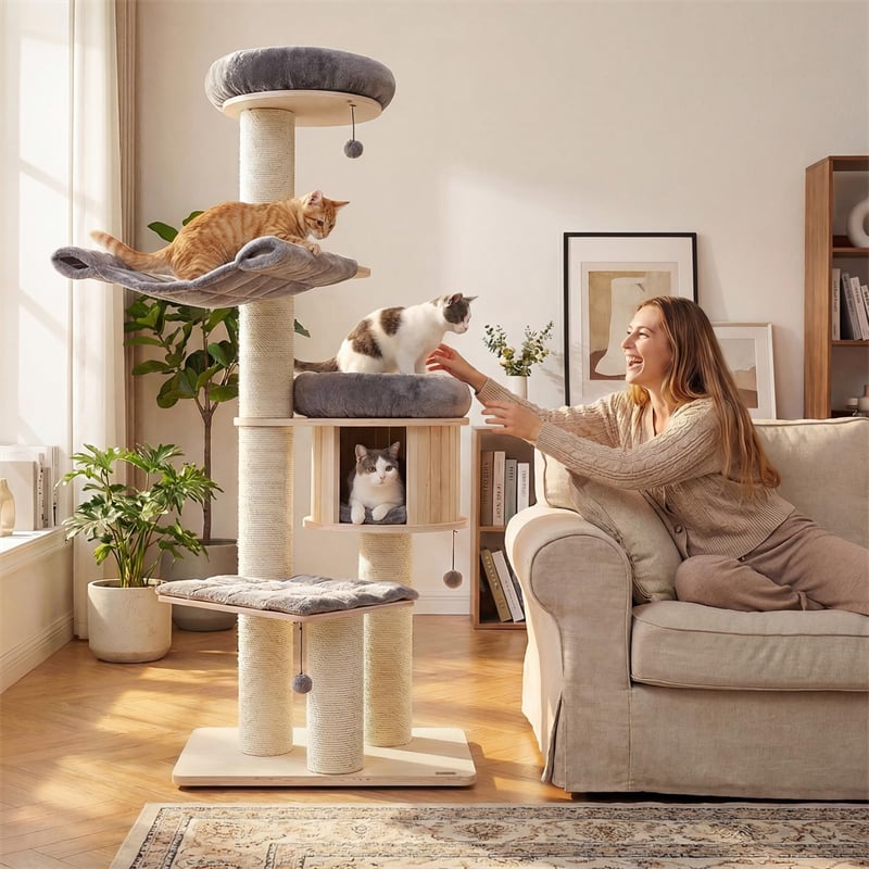 69" Tall Cat Tree, Multi-Level Wooden Cat Tower Condo with Sisal Posts, Modern Big Cat Activity Tree