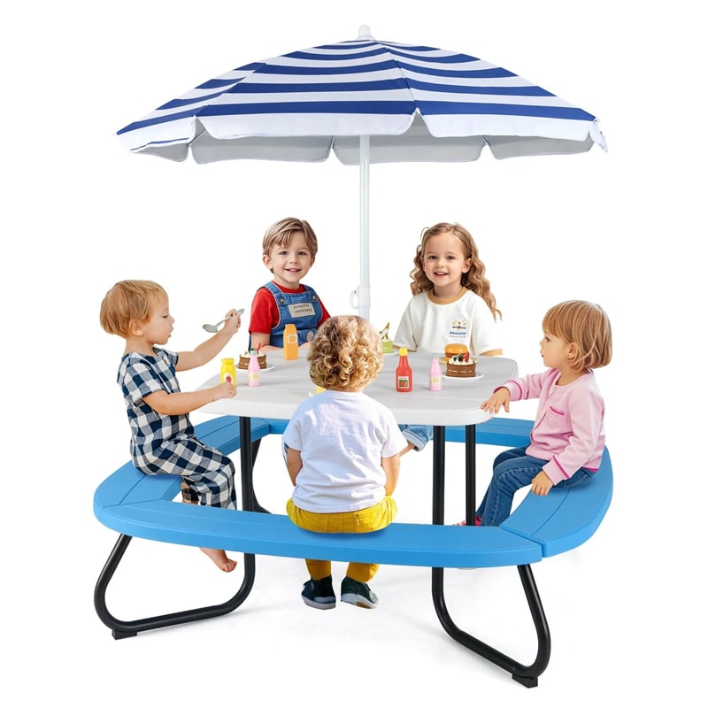 8-Person Kids Picnic Table Bench Set with Removable & Foldable Umbrella, Toddler Outdoor HDPE Activity Table and Chair Set for Backyard Patio