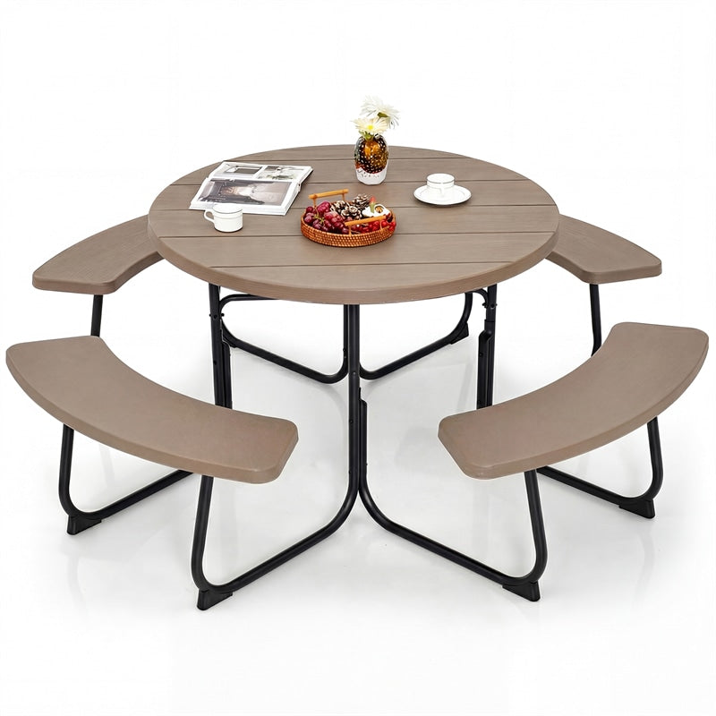 8 Person Round Picnic Table Bench Set, All-Weather HDPE Outdoor Table with 4 Built-in Benches & Umbrella Hole, 2000 LBS Capacity for Backyard