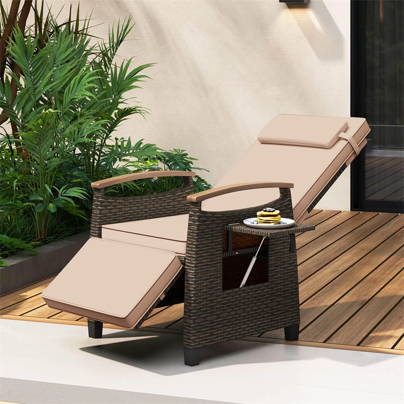 Patio Rattan Wicker Recliner Chair Push Back Reclining Lounge Chair w/Adjustable Backrest & Footrest, Flip Side Table, Cushion