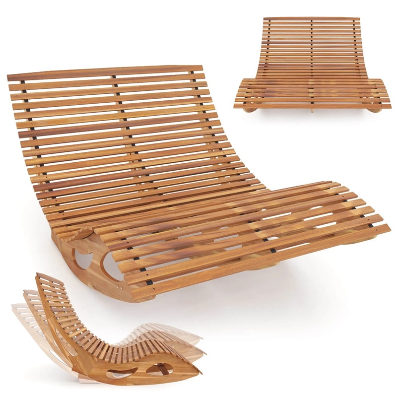 Outdoor Double Rocking Chaise Lounge Chair for 2, Acacia Wood Patio Sun Lounger with Slatted High Backrest & Seat, 440LBS Capacity for Poolside