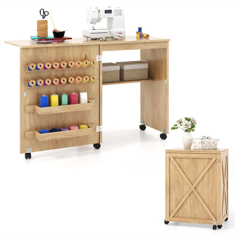 Folding Sewing Table, Farmhouse Sewing Machine Cabinet w/ Barn Door, 18 Pegs & 2 Trays, Rolling Craft Station Side Desk w/ Lockable Wheels