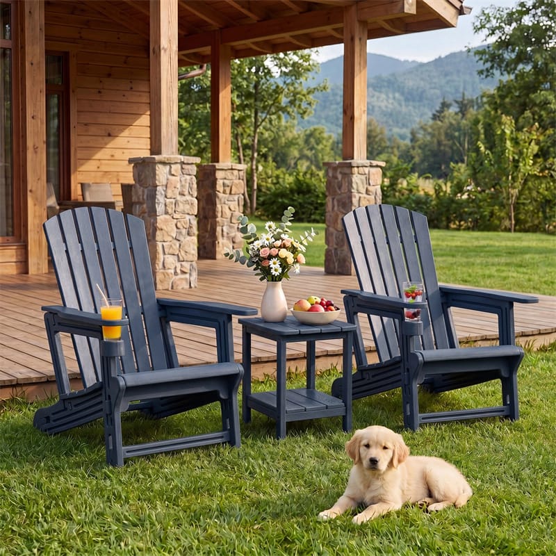 HDPE Adirondack Chair, All-Weather Patio Chair with Cup Holder, Wood-Like Texture, High Back & Wide Seat, 330LBS Outdoor Fire Pit Chair