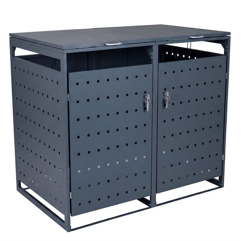 Outdoor Metal Garbage Bin Storage Shed for 2 Trash Cans, 44 Cu.Ft Double Trash Can Enclosure w/ Gas Struts & Lockable Doors, Patio Garden Bin Cabinet