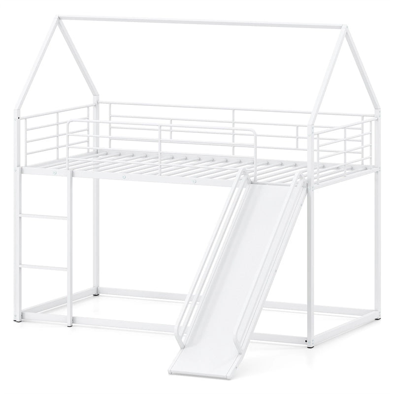 Twin Over Twin Low Bunk Bed with Slide & Ladder, House-Shaped Metal Bed Frame with Safety Guardrail & Roof for Boys Girls, No Box Spring Needed