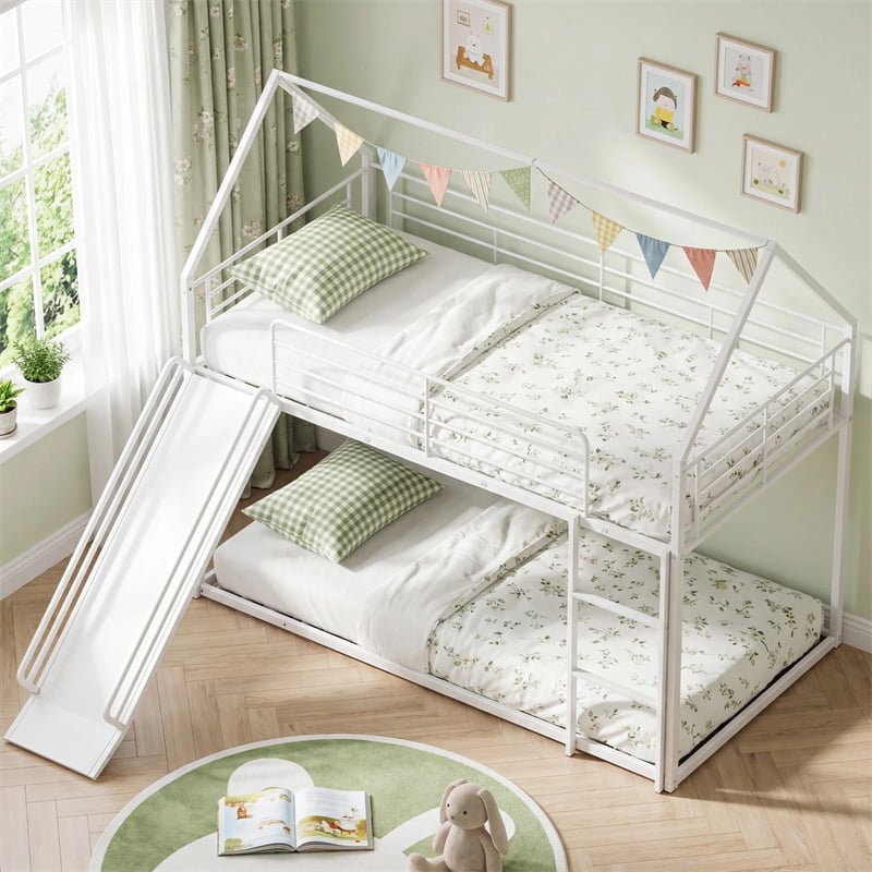 Twin Over Twin Low Bunk Bed with Slide & Ladder, House-Shaped Metal Bed Frame with Safety Guardrail & Roof for Boys Girls, No Box Spring Needed