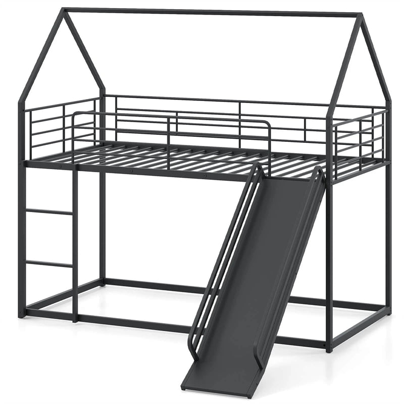 Twin Over Twin Low Bunk Bed with Slide & Ladder, House-Shaped Metal Bed Frame with Safety Guardrail & Roof for Boys Girls, No Box Spring Needed