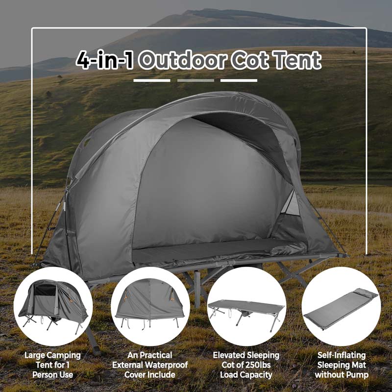 4-in-1 Camping Cot Tent for 1-Person, Foldable Elevated Tent with Waterproof External Cover, Air Mattress & Carrying Bag for Outdoor Hiking