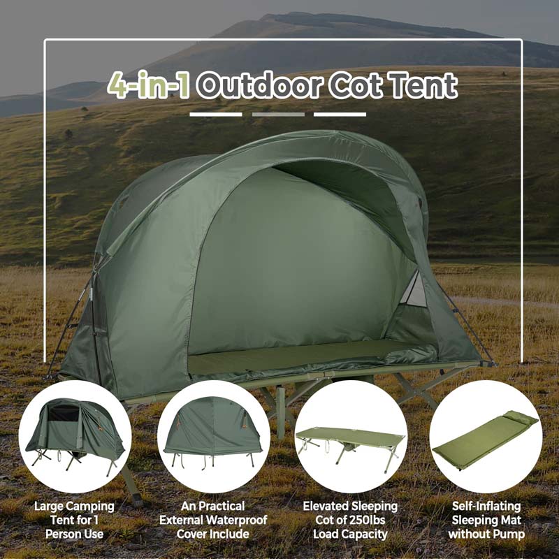 4-in-1 Camping Cot Tent for 1-Person, Foldable Elevated Tent with Waterproof External Cover, Air Mattress & Carrying Bag for Outdoor Hiking