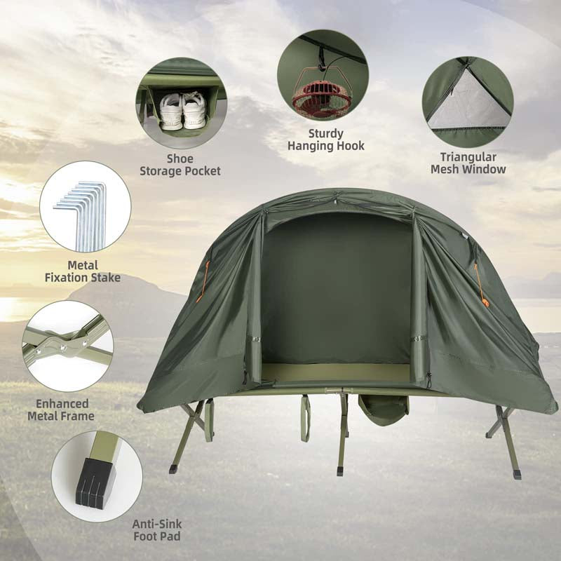 4-in-1 Camping Cot Tent for 1-Person, Foldable Elevated Tent with Waterproof External Cover, Air Mattress & Carrying Bag for Outdoor Hiking