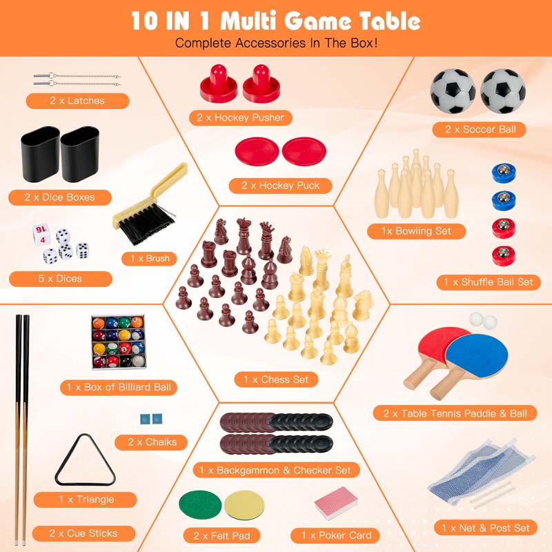 10-in-1 Combo Multi Game Table Set with Foosball, Table Tennis, Pool, Air Hockey Table, Bowling, Chess, Checkers, Backgammon