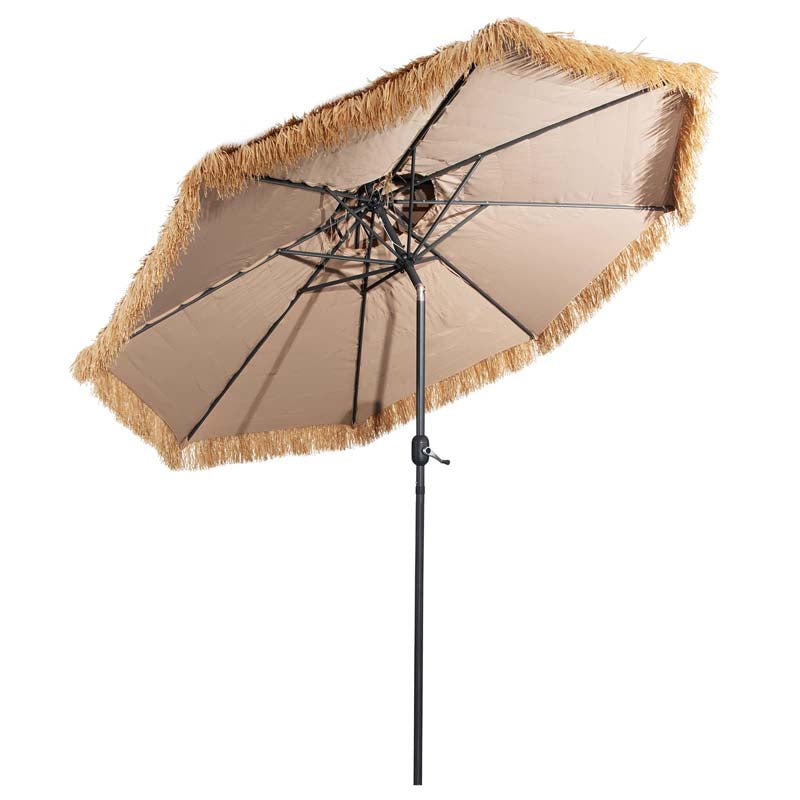 10 FT Thatched Patio Tiki Umbrella 2-Tier Hawaiian Style Grass Beach Umbrella with 8 Ribs, Tilt Adjustment, Manual Crank