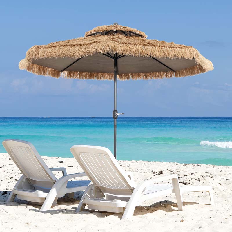 10 FT Thatched Patio Tiki Umbrella 2-Tier Hawaiian Style Grass Beach Umbrella with 8 Ribs, Tilt Adjustment, Manual Crank