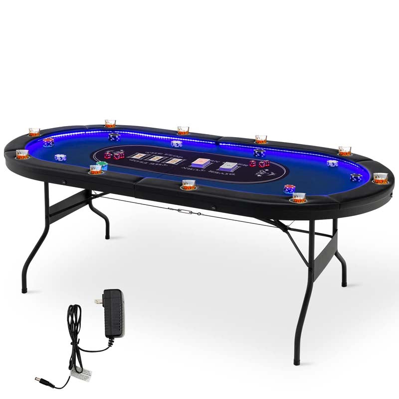 10 Player Folding Poker Table, 84" Casino Leisure Table with Cup Holder, 4 USB Ports & LED Lights for Texas Holdem, Blackjack, Card Games