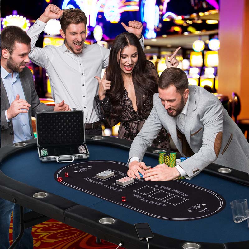 10 Player Folding Poker Table, 84" Casino Leisure Table with Cup Holder, 4 USB Ports & LED Lights for Texas Holdem, Blackjack, Card Games