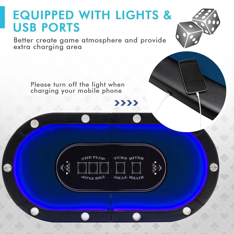 10 Player Folding Poker Table, 84" Casino Leisure Table with Cup Holder, 4 USB Ports & LED Lights for Texas Holdem, Blackjack, Card Games