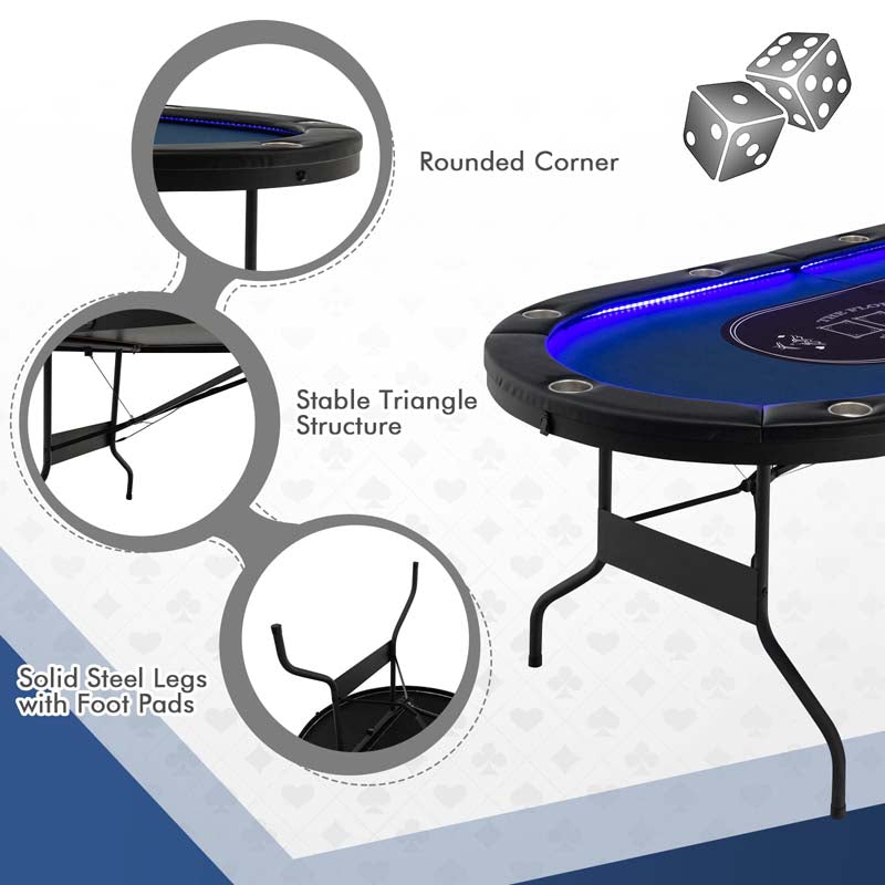 10 Player Folding Poker Table, 84" Casino Leisure Table with Cup Holder, 4 USB Ports & LED Lights for Texas Holdem, Blackjack, Card Games