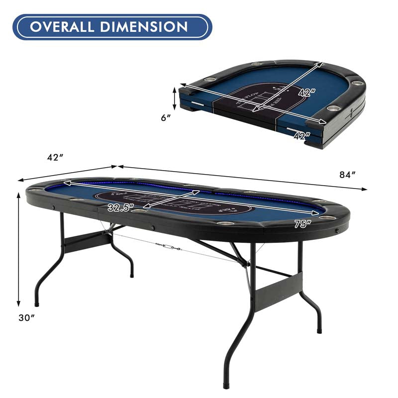 10 Player Folding Poker Table, 84" Casino Leisure Table with Cup Holder, 4 USB Ports & LED Lights for Texas Holdem, Blackjack, Card Games