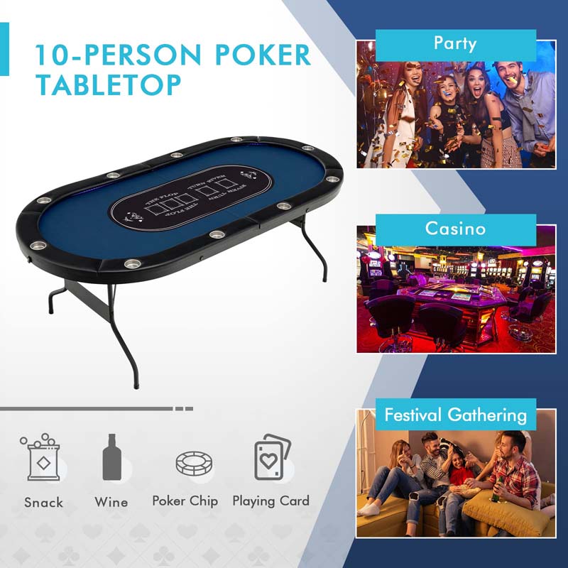 10 Player Folding Poker Table, 84" Casino Leisure Table with Cup Holder, 4 USB Ports & LED Lights for Texas Holdem, Blackjack, Card Games